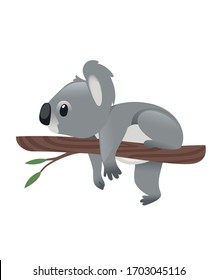 Cute graue Koala-Bär liegt auf einem Holzzweig mit grünen Blättern, Cartoon-Tierdesign-Vektorillustration einzeln auf weißem Hintergrund