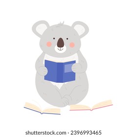 Cute grey koala bear reading books. Wild exotic animal learning skills, zoo library cartoon vector illustration