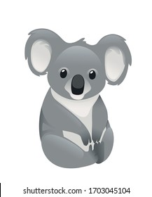 Cute grey koala bear sit on the ground and looking forward leaves cartoon animal design flat vector illustration isolated on white background