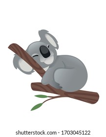 Cute grey koala bear sit on wood branch with green leaves cartoon animal design flat vector illustration isolated on white background