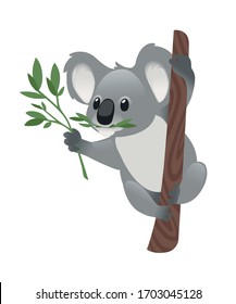 Cute grey koala bear sit on wood branch and eating green leaves cartoon animal design flat vector illustration isolated on white background