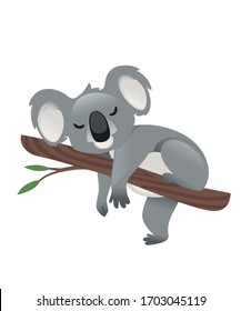 Cute grey koala bear sleeping on wood branch with green leaves cartoon animal design flat vector illustration isolated on white background