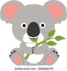 koala gris dulce con hoja de eucalipto. Ilustración de animales vectores aislada en un fondo blanco.