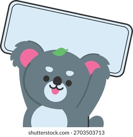 Ein süßer grauer Koala, der ein hellblaues Zeichen hält, freundlichen Ausdruck, meldungsfähiges Layout, bezaubernden Charakter und einen einfachen flachen Cartoon-Illustrationsstil zeigt.