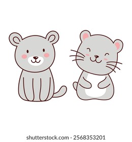 Cute Grey Lion Lioness Big Cat Animal Couple Cartoon Character with Happy Expression