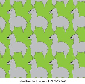 Cute grey llama seamless pattern. Vector illustration on green background.