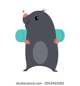 Cute Grey Mole as Forest Animal Walking with Backpack Vector Illustration