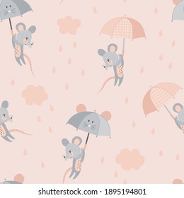 Cute grey mouse animal with kawaii umbrella fly in pink sky vector seamless pattern. Rainy weather graphics for Scandinavian childish nursery design.