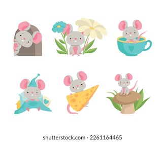 Cute Grey Mouse Character with Pretty Snout Engaged in Different Activity Vector Set