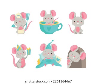 Cute Grey Mouse Character with Pretty Snout Engaged in Different Activity Vector Set