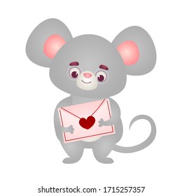Cute grey mouse character standing with mail letter. Vector illustration isolated on white background