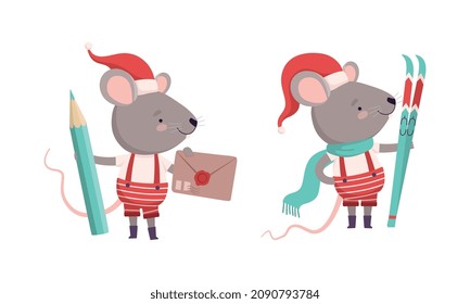Cute Grey Mouse in Christmas Santa Hat Holding Envelope with Pencil and Ski Vector Set