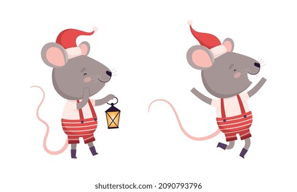Cute Grey Mouse in Christmas Santa Hat Jumping with Joy and Carrying Lantern Vector Set