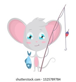Cute grey mouse fishing. Vector Stock Illustrations isolated Emoji character cartoon mouse stickers emoticon with emotion, situation and pose.