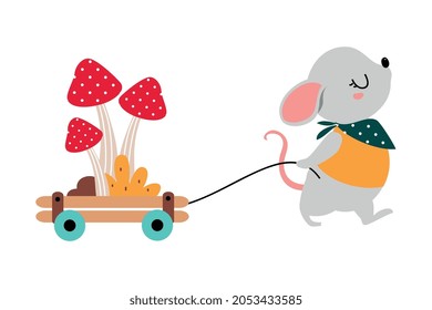 Cute Grey Mouse as Forest Animal Pulling Trolley with Mushrooms Vector Illustration