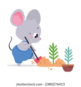 Cute Grey Mouse Gardener Dig Soil with Shovel Vector Illustration