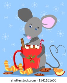 Cute grey mouse with red cup of cacao and food.The print is used for gift, package, postcard, advertisement, children clothes.New Year winter vector illustration.