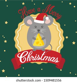 Cute grey mouse, santa clause hat, vector illustration