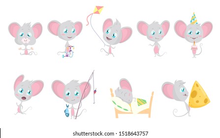 Cute grey mouse set. Mouses eats, fishing, run, sleeping, rides a bicycle, kite, with a big slice of cheese, in a fun conical hat with a cake. Cartoon mouse in situations and poses.