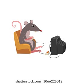 Cute grey mouse sitting on armchair and watching tv, funny rodent character vector Illustration on a white background