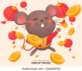 Cute grey mouse splurging gold ingots for lunar year