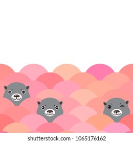 Cute grey otters head in pink water, sea waves pattern, card banner template background. Kawaii faces. Vector