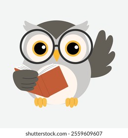 cute grey owl wearing eye glasses and holding book illustration 