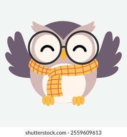 cute grey owl wearing eye glasses and scarf illustration 