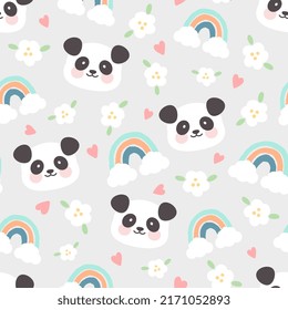 Cute grey panda face seamless pattern background with kawaii elements rainbows, clouds, hearts and flowers. Kids woodland animals wrapping paper, fabric and textile motifs