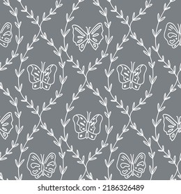 Cute grey pattern with line butterfly, branches seamless background. Textiles for children. Minimalism paper scrapbook for kids.