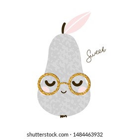 Cute grey pear with gold glitter glasses. Kids graphic. Vector hand drawn illustration.