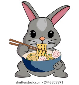 Cute grey rabbit eat ramen noodles. Inscription Yum Yum. Kawaii little rabbit are happy to eat noodles.