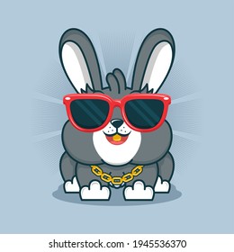 Cute grey rabbit with glasses, cartoon character illustration.