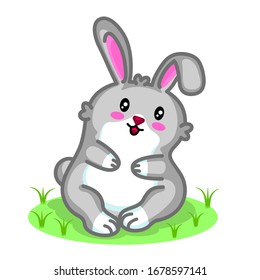 Cute grey rabbit. Kawaii cartoon character. Fluffy funny animal. Happy Easter sign symbol. Spring baby greeting card template. Print on baby products, cards, handmade. Vector illustration.