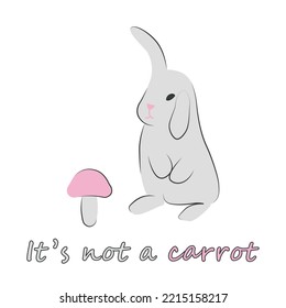 Cute grey rabbit looking at pink mushroom which is not a carrot