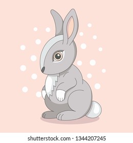 Cute grey rabbit on a soft pink background