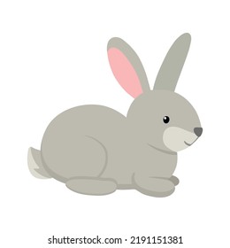 Cute grey rabbit sits. Vector illustration lovely bunny isolated on white background. Easter simbol farm animal for coloring page