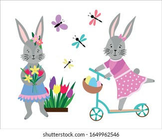 Cute grey rabbits (Easter bunnies) with spring flowers (tulips),butterflies, riding on a scooter. Vector illustration isolated on white background