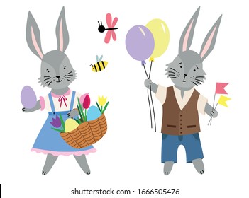 Conejos grises (conejitos de Pascua - niña y niño) con huevos, flores de primavera, globos, mariposa.Ilustración de vectores aislada en fondo blanco