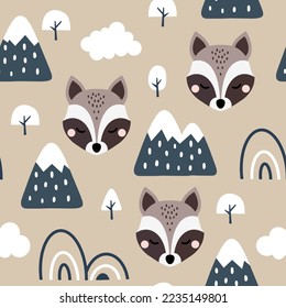 cute grey raccoon scandinavian beige forest with trees and pines, mountains and abstract rainbow. Kids wildlife seamless pattern desigh for fabric and textile print.