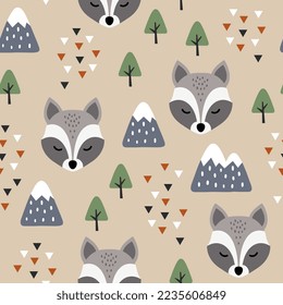 cute grey raccoon scandinavian beige forest with trees and pines, mountains and abstract triangles. Kids wildlife seamless pattern desigh for fabric and textile print