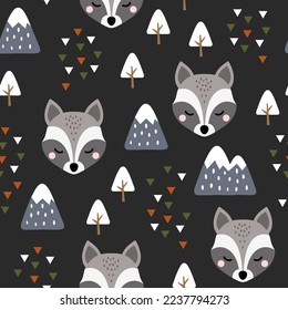cute grey raccoon scandinavian black forest with trees and pines, mountains and abstract triangles. Kids wildlife seamless pattern desigh for fabric and textile print