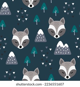 cute grey raccoon scandinavian deep blue forest with trees and pines, mountains and abstract triangles. Kids wildlife seamless pattern desigh for fabric and textile print