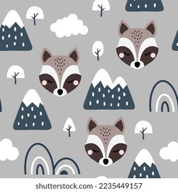 cute grey raccoon scandinavian forest with trees and pines, mountains and abstract rainbow. Kids wildlife seamless pattern desigh for fabric and textile print