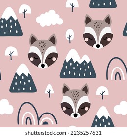 cute grey raccoon scandinavian pink forest with trees and pines, mountains and abstract rainbow. Kids wildlife seamless pattern desigh for fabric and textile print.