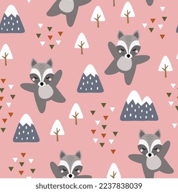 cute grey raccoon scandinavian pink forest with trees and pines, mountains and abstract orange ang green triangles. Kids wildlife seamless pattern desigh for fabric and textile print