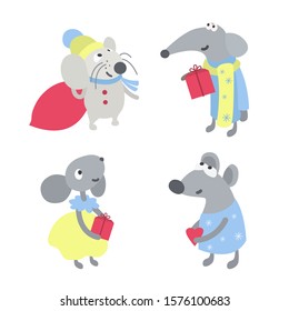 Cute grey rat in various poses vector illustration. Set of funny rats for New Year design. Cute little mice. Merry christmas mouse. Rat, symbol, sign of Chinese calendar, zodiac. Character, mascot