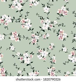 cute grey and red small vector flowers with leaves pattern on green background