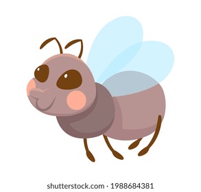Cute grey smiling flying ant on white background. Concept of stickers of cute and funny insects and garden animals for children. Flat cartoon vector illustration