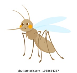 Cute grey smiling mosquito isolated on white background. Concept of stickers of cute and funny insects and garden animals for children. Flat cartoon vector illustration